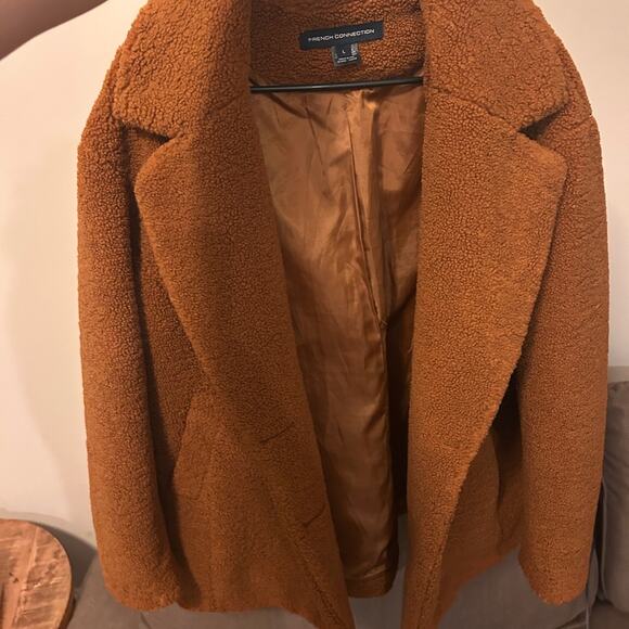 French Connection Camel Teddy Coat | Faux Shearling Double-Breasted Jacket - Picture 4 of 7